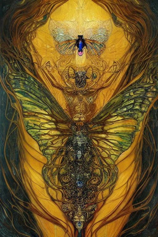Prompt: Metamorphosis by Karol Bak, Jean Deville, Gustav Klimt, and Vincent Van Gogh, transformation portrait, chimera, visionary, cicada wings, otherworldly, fractal structures, ornate gilded medieval icon, third eye, dynamic, spirals