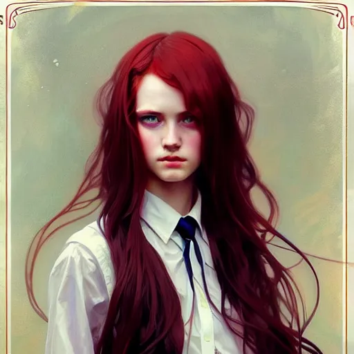 Image similar to portrait of teenage girl with long glossy red hair, blue eyes, fashion model features, fantasy, intricate, elegant, dress shirt and tie, highly detailed, digital painting, artstation, concept art, smooth, sharp focus, illustration, art by Krenz Cushart and Artem Demura and alphonse mucha