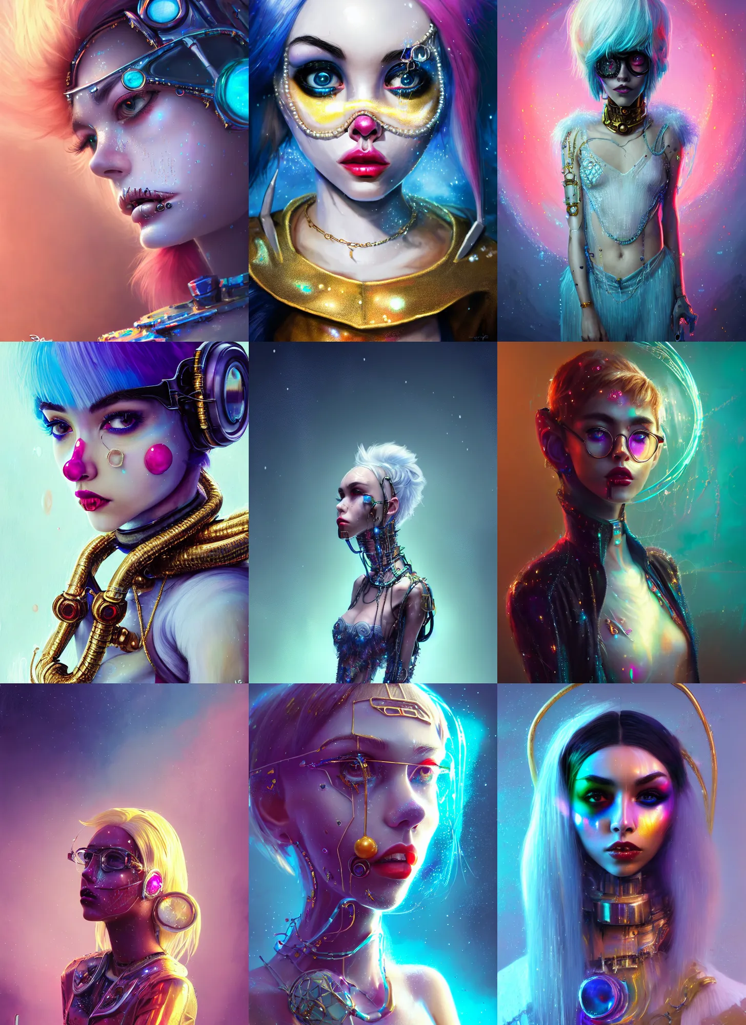 Prompt: disney 8 k photo, gorgeous shiny sweaty grand pearlescent chained white emo clowncore nerd cyborg madison beer, fashion art, ( golden ratio ), arctic, sci fi, fantasy, cyberpunk, intricate, decadent, highly detailed, digital painting, octane render, artstation, concept art, smooth, sharp focus, illustration, art by loish, wlop