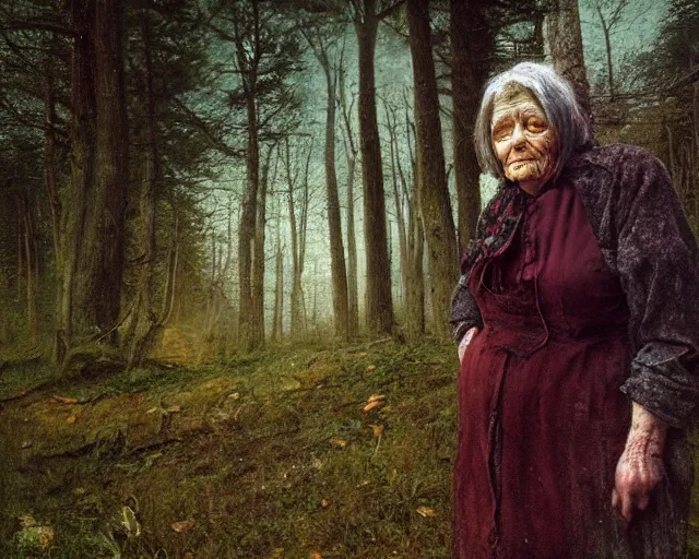 Image similar to close up portrait of an old woman with sinister face and dirty clothes standing outside of an old cabin, forest in the background, bokeh, depth of field, dramatic lighting, cinematic, vivid colors, matte painting, digital painting style, John Atkinson Grimshaw color scheme