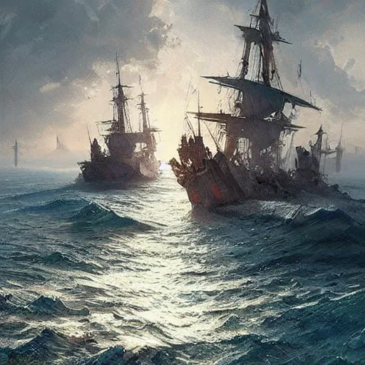 Prompt: A sea battle, fantasy art, art by greg rutkowski, highly detailed