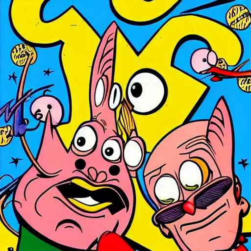 Image similar to two birdman, close up face, magnified face, ren and stimpy style, cartoon from the 90's, artwork by Alex Horley + Joe Jusko + todd schorr + richard scarry