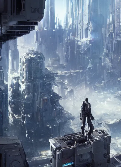 Image similar to A futuristic cityscape with a man standing on a ledge, a detailed matte painting by Wadim Kashin, CGsociety, panfuturism, greeble, matte painting, Cryengine