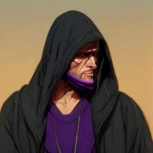 Image similar to ultra realistic illustration, man in a black hood, in a striped purple balaclava, mysterious, highly detailed, digital painting, artstation, concept art, smooth, sharp focus, illustration, art by artgerm and greg rutkowski and alphonse mucha