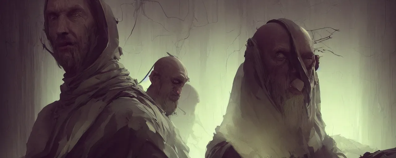 Image similar to duotone concept illustration 3 / 4 portrait almost bald demonic merchant middle aged eyes glow sitting below willow foggy rustical style. medieval tunic cinematic volumentric lighting. accidental renaissance. by cd projekt red, sachin teng and sergey kolesov and ruan jia and heng z. graffiti art, scifi, fantasy, hyper detailed. octane render. trending on artstation