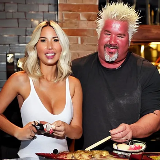 Image similar to olivia munn and guy fieri cooking in a restaurant