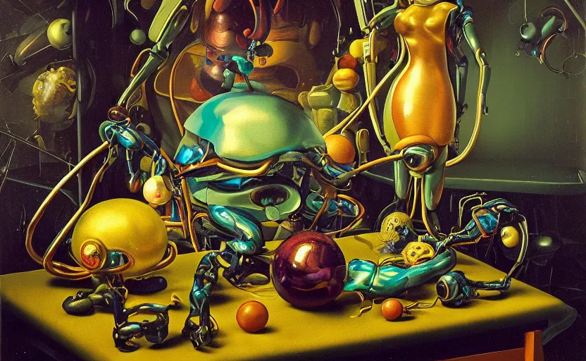 Image similar to strange seductive futuristic robot body, enticing colorful oil painting dutch golden age vanitas alluring still life sparse composition with bulbous objects strange gooey transparent surfaces shiny torrid metal reflections bizarre mutant meat insects rachel ruysch dali todd schorr very detailed perfect composition rule of thirds masterpiece canon 5 0 mm, cinematic lighting, photography, retro, film, kodachrome