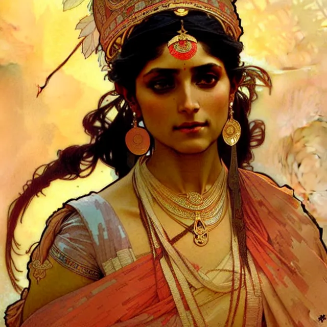 Prompt: an indian princess, art by alphonse mucha and greg rutkowski, elegant, extremely detailed