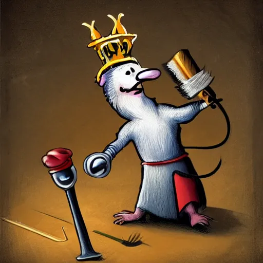 Prompt: rat wearing a crown smites a granny with his hammer
