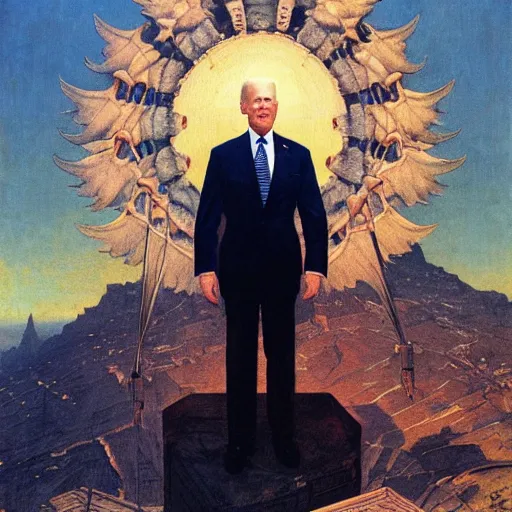 Prompt: immense, majestic, surreal, terrifying joe biden standing triumphant over the city, perfectly clear face, by j. c. leyendecker, bosch, and beksinski