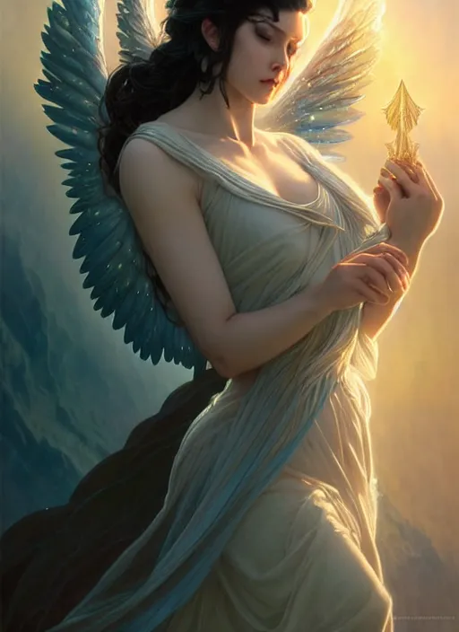 Image similar to a beautiful cinematic female archangel queen, fantasy sea landscape, fantasy magic, short aqua blue black fade hair, dark light night, intricate, elegant, sharp focus, illustration, highly detailed, digital painting, concept art, matte, art by WLOP and Artgerm and Greg Rutkowski and Alphonse Mucha, masterpiece