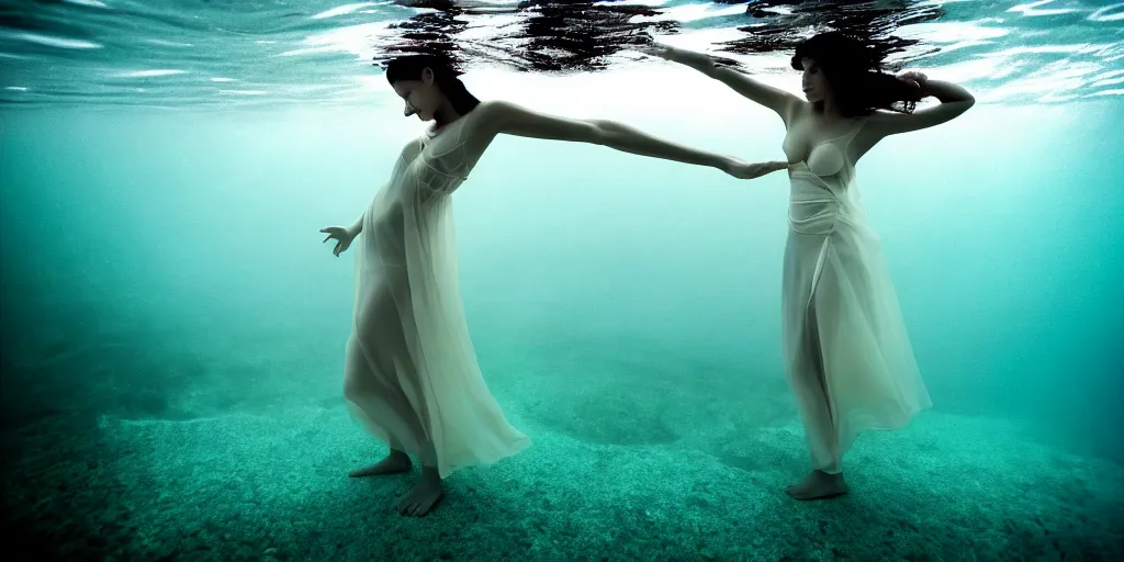 Prompt: underwater photography in large atmospheric pool of beautiful model in flat dress by emmanuel lubezki