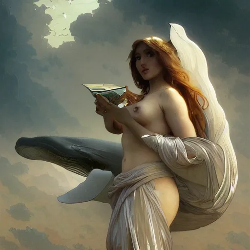 Image similar to whale, intricate, elegant, highly detailed, digital painting, artstation, concept art, smooth, sharp focus, illustration, art by artgerm and greg rutkowski and alphonse mucha and william - adolphe bouguereau