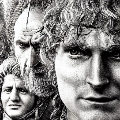 Image similar to close up pencil sketch of middle earth and hobbits ,digital art, high detail, hyper realistic,