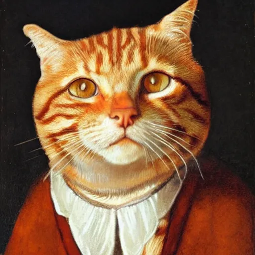 Prompt: Rembrandt portrait of a ginger tabby cat wearing a beautiful outfit