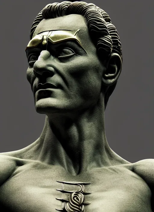 Image similar to stoic statue of loki, aesthetic, naturel, hyper detailed, digital sculpture, trending in artstation, cinematic lighting, studio quality, smooth render, unreal engine 5 rendered, octane rendered