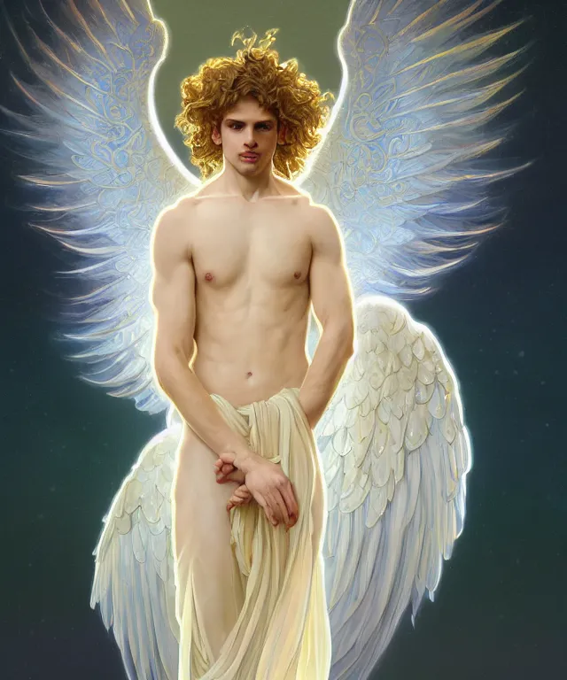 Image similar to fullbody portrait of a beautiful young fit male angel with curly blond hairs, full dressed in long fluent clothes, majestic symmetrical big dove wings, luminous halo, by greg rutkowski and alphonse mucha, gradient white to gold, in front of an iridescent background, highly detailed portrait, digital painting, artstation, concept art, smooth, sharp focus illustration