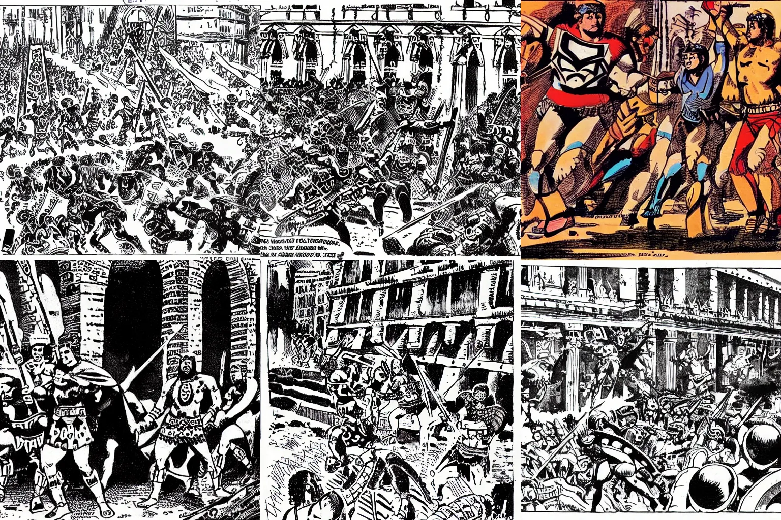 Prompt: a comicbook scene of Aztec warriors conquering Madrid in 1492 at King Ferdinand\'s Palace comicbook illustration by Jack Kirby
