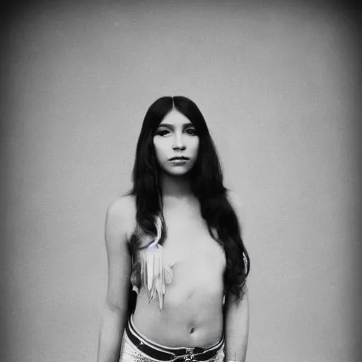 Image similar to clear photo of a beautiful and young female singer of native american descent taken in 1 9 7 6, high quality, highly detailed 7 0 s style photography, long dark hair, elegant pool, trending on pinterest, aesthetically beautiful, elegant, studio photography