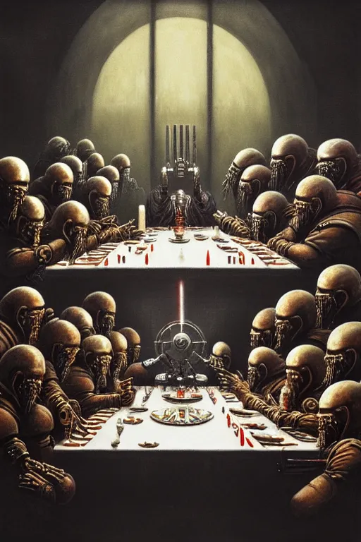 Image similar to painting of tech priests dining at the last supper, adeptus mechanicus!, cybernetic enhancements attached to his body, praise the omnissaiah, zdzislaw beksinski, lewis jones, mattias adolfsson, warhammer 4 0 k!!, cold hue's, warm tone gradient background, concept art, digital painting