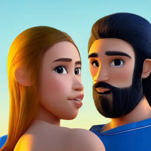 Image similar to young beautiful athletic Filipino woman with long hair standing beside a handsome caucasian athletic thin man with very short buzzed thinning hair, stubble beard on his face, blue eyes, they are posing, depicted as adult Pixar characters, high quality cg render, 4k