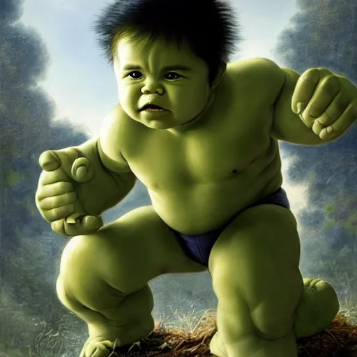 Image similar to a baby hulk leaving the nest to fly for the first time, oil on canvas, portrait, intricate, 8k highly professionally detailed, HDR, CGsociety