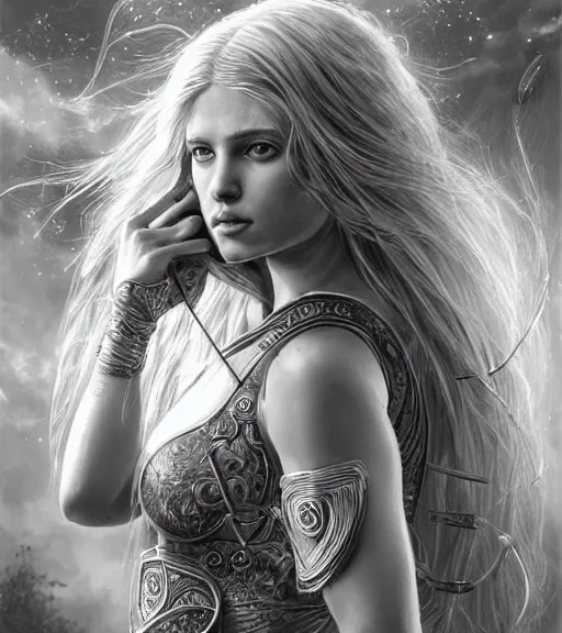 Image similar to portrait of beautiful aphrodite goddess as an archer warrior, beautiful piercing eyes, flowing blonde hair, realistic face, black and white drawing, in the style of greg rutkowski, fantasy, amazing detail, epic, intricate, elegant, smooth, sharp focus
