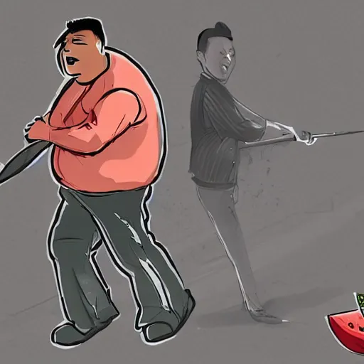 Image similar to a chinese fat guy being stabbed by was stabbed by a man with a watermelon knife in a melon stall.digital art,trending on artstation.