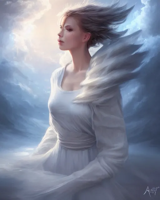 Prompt: Beautiful portrait of a woman wearing a dress of clouds, cloud couture, halo of light, artgerm, scenic fantasy art, wlop, deviantart