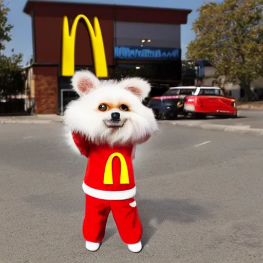 Image similar to photo of anthropomorphic dog working for mcdonalds, fur