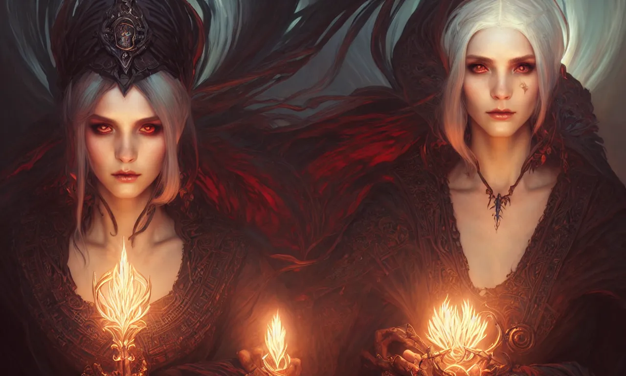 Image similar to Necromancer Sorceress in center, fantasy magic, undercut hairstyle, dark light night, intricate, elegant, sharp focus, illustration, highly detailed, digital painting, concept art, matte, art by WLOP and Artgerm and Greg Rutkowski and Alphonse Mucha, masterpiece