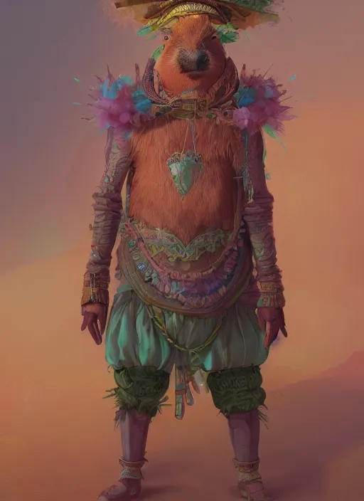 Image similar to detailed full body concept art illustration colorful pastel fantasy painting of a capybara merchant in full intricate clothing, ultra detailed, digital art, octane render, 4K, dystopian, micro details