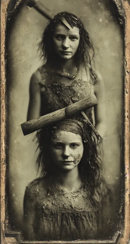 Prompt: a highly detailed wet plate photograph, a portrait of a beautiful young woman holding a pickaxe