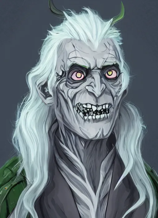 Prompt: dnd character concept of a man with ash gray skin and long white hair, glowing green eyes, Eldridge green!!!! eyes and energy, Lich demon mage class, undead zombie husk