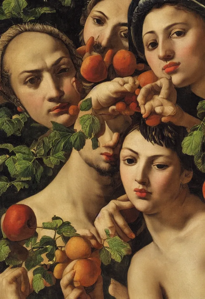 Prompt: men and women, closeup portrait, garden with fruits on trees, ultra detailed, Orazio Gentileschi style