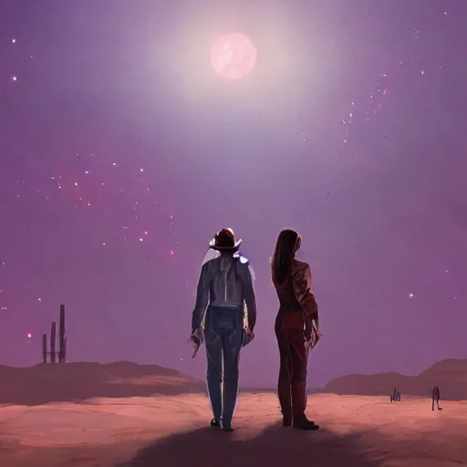 Prompt: Behind shot of a man and woman stargaze in a desert space colony, space, art, sci-fi western, digital art, artstation