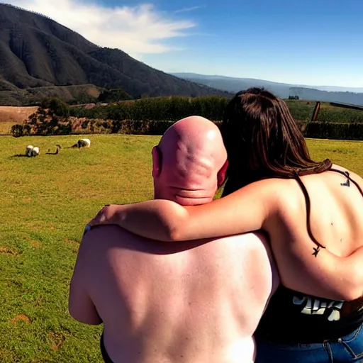 Image similar to portrait of a young chunky bald white male tattoos and his young white female brown hair wife with tattoos. male is wearing a white t - shirt, tan shorts, white long socks. female is has long brown hair and a lot of tattoos. photo taken from behind them overlooking the field with a goat pen. rolling hills in the background of california and a partly cloudy sky