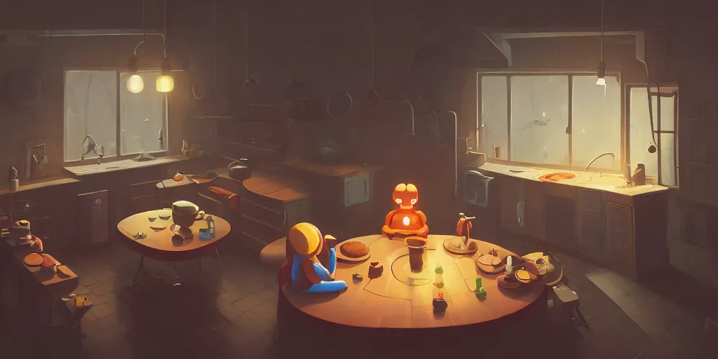 Image similar to cute solitary kitchen dim lit by a candle ripped physique simon stalenhag gerald brom bastien grivet by greg rutkowski, game background, fisheye lens, high angle view