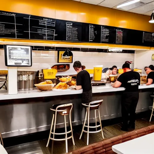 Image similar to busy wafflehouse interior with customers eating breakfast and wafflehouse employees serving food and cooking behind countertop bar that has customers sitting at