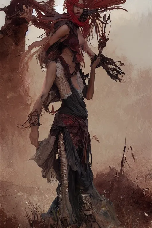 Image similar to a full body portrait of a beautiful post apocalyptic offworld sorcerer ’ s district bedouin blind pulp fiction scarlet wild rogue barbarian leper begging by the roadside, intricate, elegant, highly detailed, digital painting, artstation, concept art, smooth, sharp focus, illustration, art by krenz cushart and artem demura and alphonse mucha