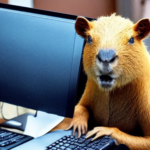 Image similar to A picture of a capybara programming a computer