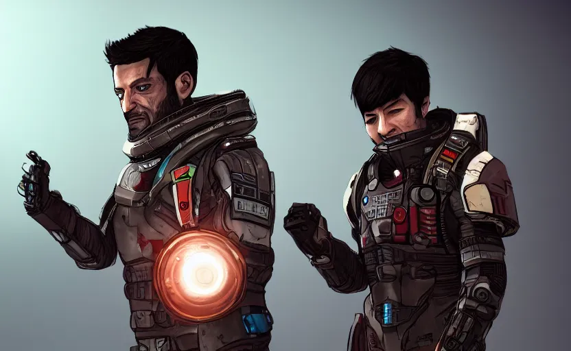 Image similar to friendship isaac clarke from dead space with morgan yu from prey ( 2 0 1 7 ), digital art