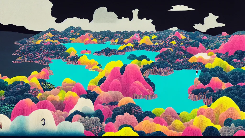 Image similar to dramatic landscape of okinawa prefecture, japan, a collage painting, in the style of wes anderson, lola dupre, okuda, david hockney, isolated on negative white space background dark monochrome neon fluorescent spraypaint accents volumetric octane render