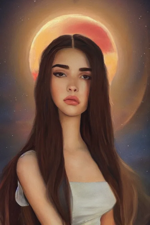 Image similar to madison beer painted by darrell k. sweet and edd cartier, trending on artstation, moon light fish eye illustrator, bokeh, magic realism, dutch golden age, expressionism