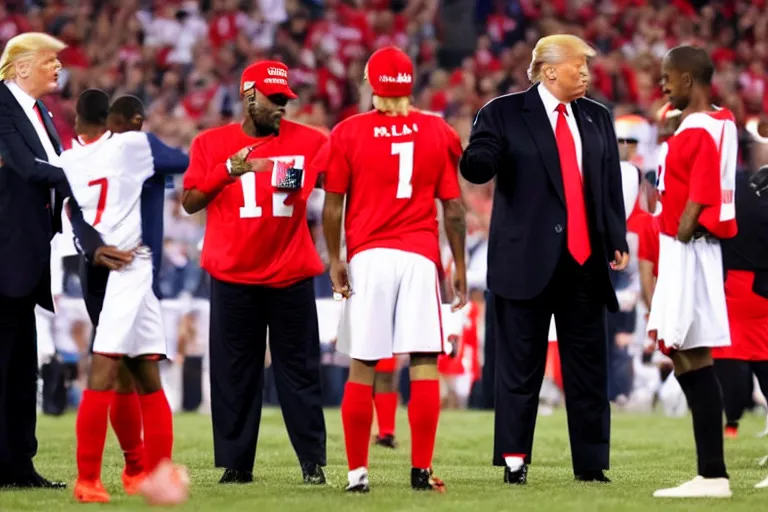 Prompt: r kelly referee giving red card to donald trump in football game