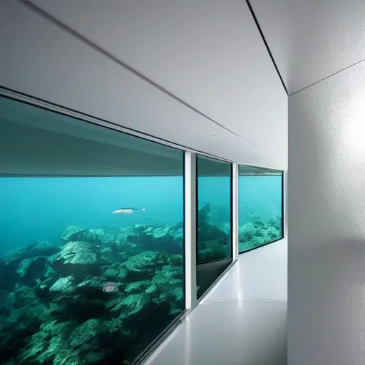 Prompt: small white room with a glass wall overlooking a cliff, underwater, minimalistic architecture, modern architecture, underwater,