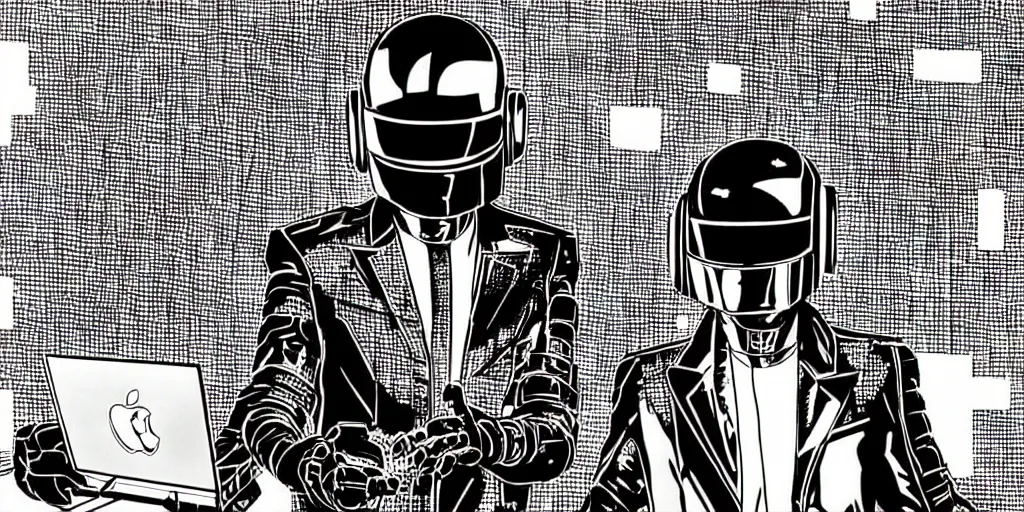Image similar to detailed black ink manga artwork of 2 Daft Punk robot rock using Apple notebook Macbook at an underground warehouse rave in Ibiza, playing techno house music, thousands of beautiful girls in bikini dancing, in the style of manga illustration, wires, speakers, black and white ink, some ink drips, sharp details