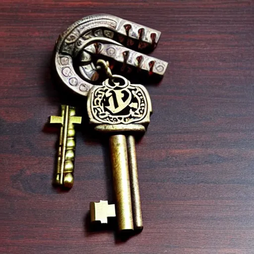 Image similar to a large ornate key with gems and engraved runes, on a wooden dungeon table, d & d, photo