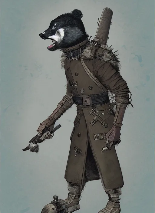 Prompt: a dieselpunk character digital illustration of an anthropomorphic badger warrior, by victo ngai, by stephen gammell, by george ault, by jack gaughan, artstation