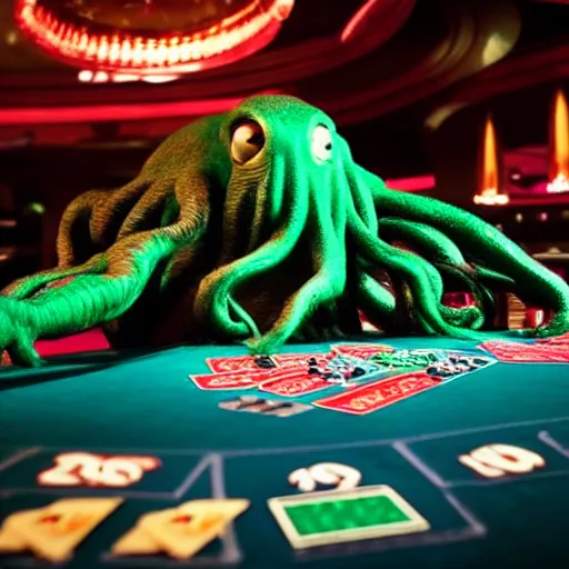 Image similar to photo of cthulhu playing in a casino, realistic, highly - detailed, sharp focus, award - winning